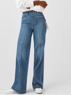 Spanx Seamed Front Wide Leg High Rise Pull On Jeans Sz M Mid Wash Shaping